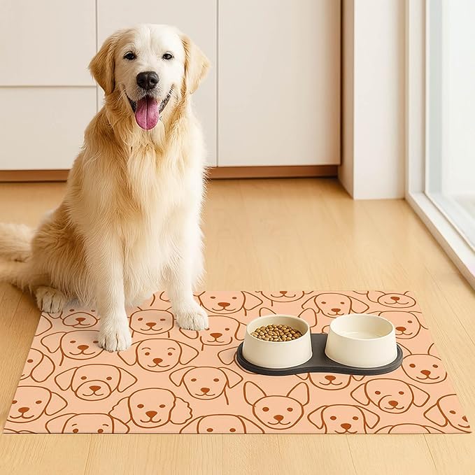 Adorable Cute Dog Faces Pattern Pets Food Mat Spill-Proof Pets Feeding Mats Cats Food and Water Bowl Pet Easy Clean Fast Dry Pet Mats for Foods and Water Mat for Cat Dogs 20" x 12"