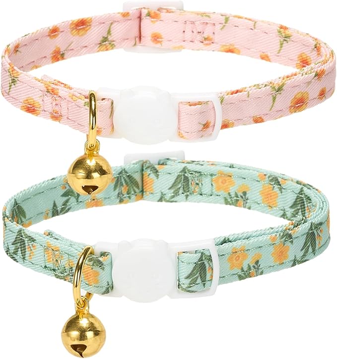 2 Pack Cat Collars, Removable Bowtie, Floral Pattern, Safety Breakaway Clasp, Adjustable for Cats.(Adult Cat,Mint Green and Lt Pink with Floral)