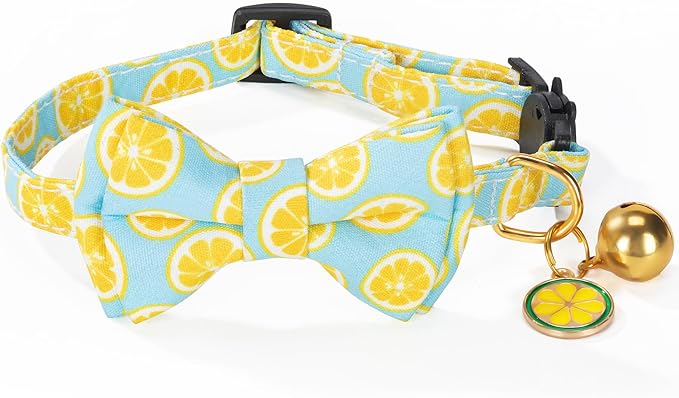 Breakaway Cat Collar with Cute Bow Tie Bell 2Pack Lemon Strawberry Summer Collars for Male Female Soft Cotton Kitty Kitten Collar Cute Cat Collars Ideal for Girl Cats Boy Male Cats