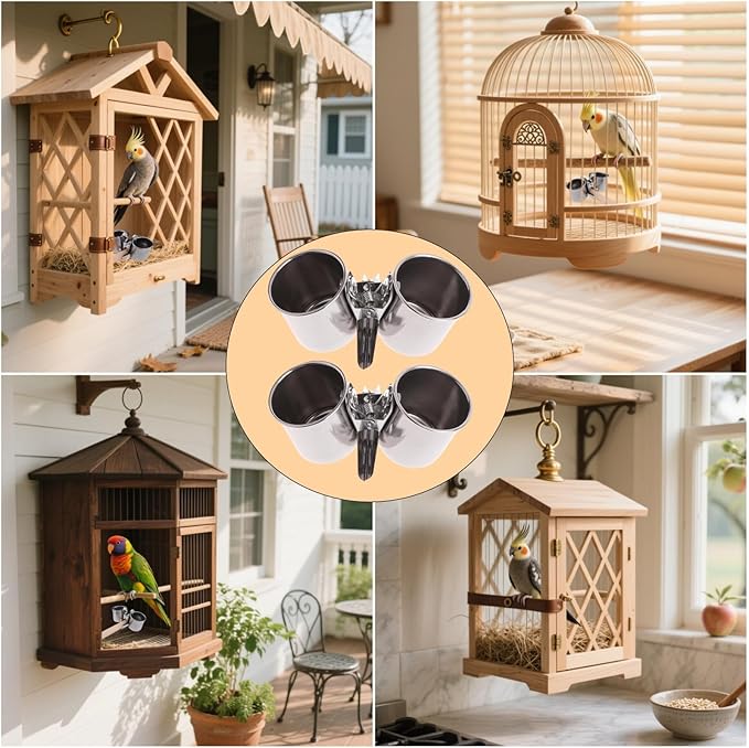 2 PCS Stainless Steel Bird Bowls with Clamp Bird Cage Feeder and Water Dish Set Anti Spill Easy Clean Food Bowls for Parrot Small Animal Carrier Backpack Accessories