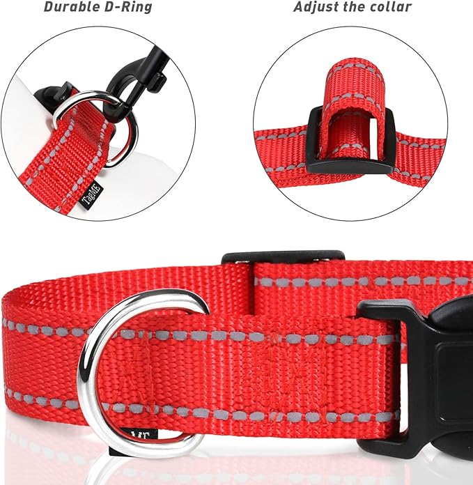 TagME Reflective Nylon Dog Collars, Adjustable Classic Pet Collar with Quick Release Buckle for Extra Large Dogs, Red, 1¼" Width