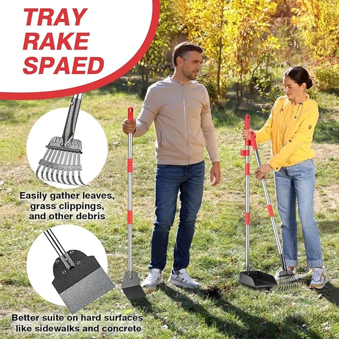 Pooper Scooper, Long Handle Dog Pooper Scooper, Heavy Duty Stainless Steel Rake with Tray & Spade Set for Pet Waste Removal, for Grass, Dirt or Gravel