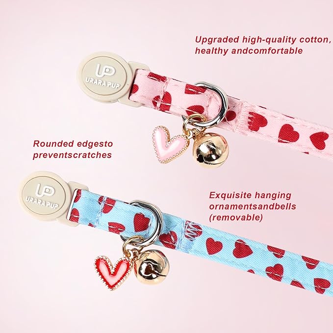 Cat Collar, 2Pack Valentine's Day Cat Collars-Cute Breakaway Cat Collar with Bell & Pendant, Sweet Heart Kitten Collars Pink Hearts with Safety Buckle for Girl and Boy Cats, 7-12Inch