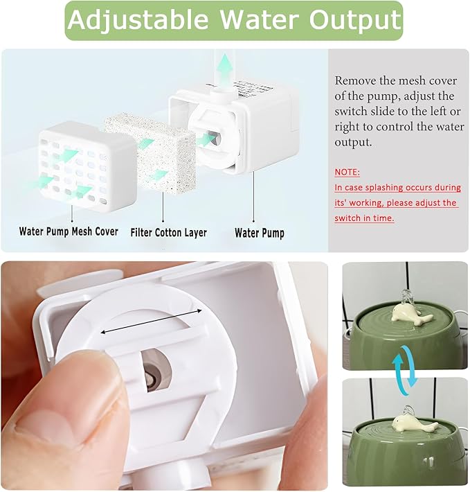 Ceramic Cat Water Fountain, 45oz/1.3L Ultra-Silent Automatic Pet Drinking Water Dispenser for Cats Indoor with Cute Design, Activated Carbon Filter, Perfect for Cats and Small Dogs (Green)