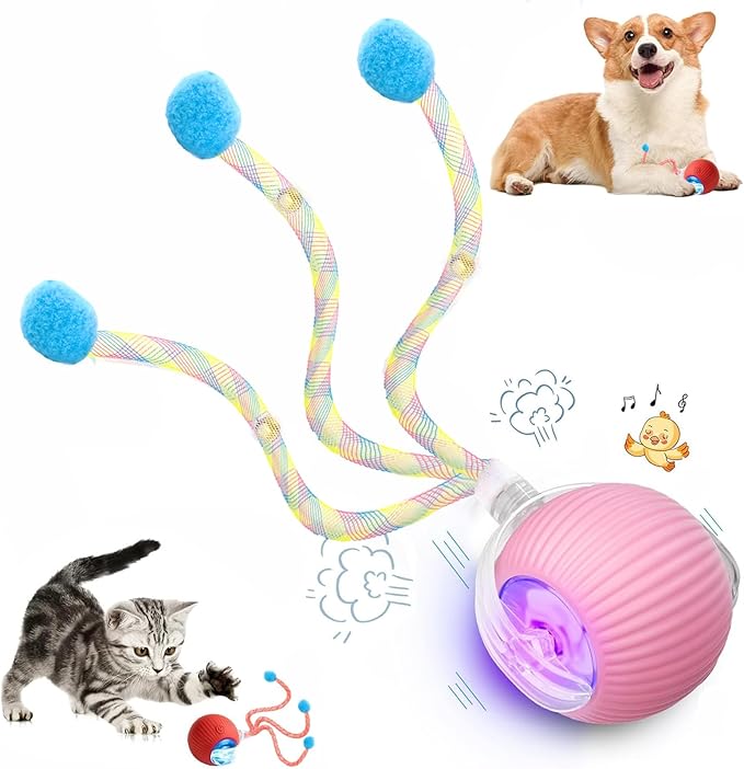 Speed 2.0 Tail Interactive Cat Toys for Indoor Cats, Chirping & Motion Activate Cat Toy, Smart Kitten Rolling Ball Moving Ball Toys, Rechargeable Dog Cat Bal l for Enrichment Exercise (New Pink)