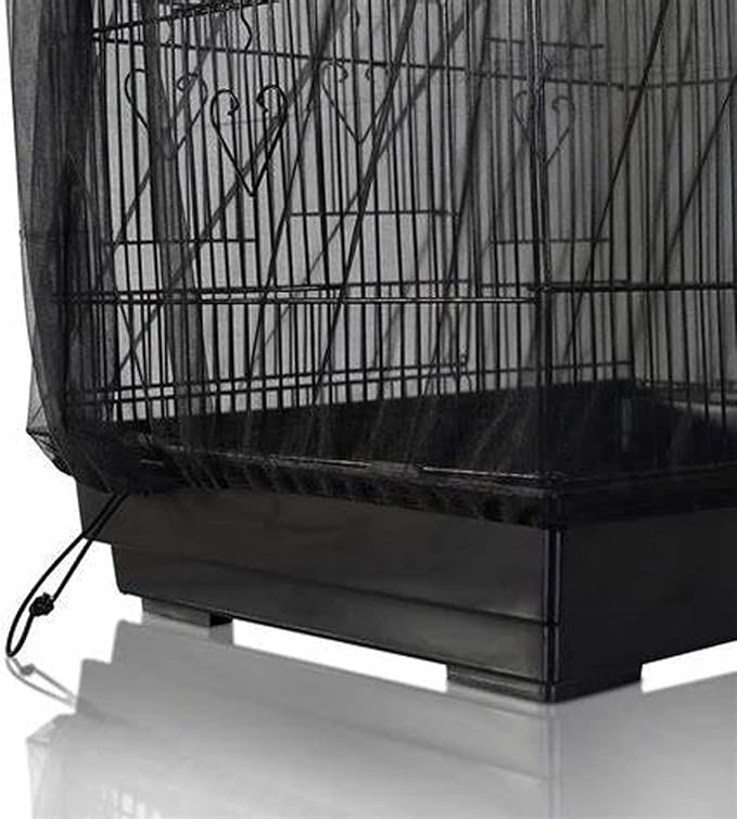 Bird Cage Seed Catcher, Large Airy Gauze Seeds Bird Cage Cover Guard Adjustable Bird Cage Cover Birdcage Seed Feather Catcher Universal Birdcage Parrot Bird Nylon Mesh Net Cover(L-118x16 in, Black)