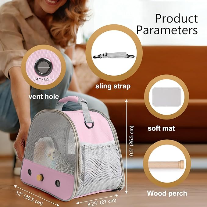 Bird Carrier, Portable Small Bird Parrot Parakeet Carrier with Standing Perch and Stainless Steel Tray, Side Access Window Collapsible
