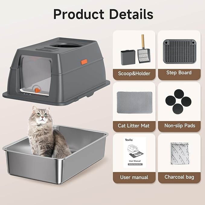 Extra Large Stainless Steel Litter Box with Lid, High Sided Enclosed Metal Cat Litter Pan, Dog Proof Front Entry Top Exit, Odor Control Easy Clean Leak Proof, Includes Mat, Scoop & Step, Grey