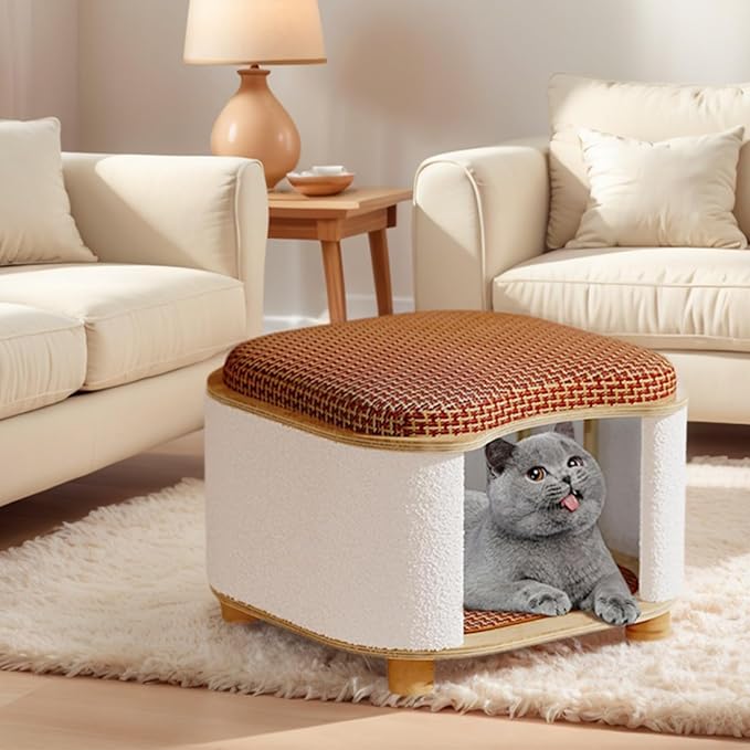Cat Bed for Indoor Cats – Wooden Cat House with Scratching Pad, Multi-Functional Cat Furniture & Hideaway Stool, Durable Wooden Cat Cabinet Cottage for Kittens