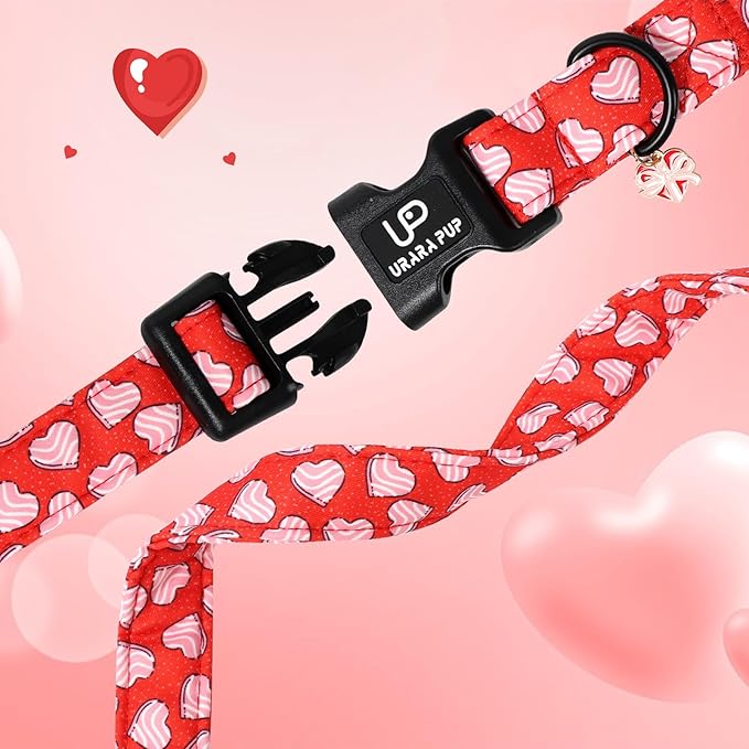 Valentine's Dog Collar, UP URARA PUP Pink Heart in Red Adjustable Pet Collar with Bowknot Charm, Wedding Dog Accessories for Small Medium Large Dogs