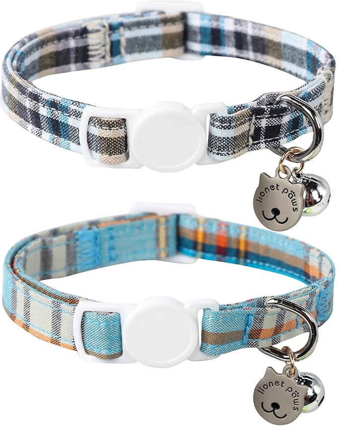 Lionet Paws 2pcs Pack Cotton Cat Collar,Breakaway Buckle with Blue Grid and Brand Pendant Cute Adjustable Cat Kitten Collar,Ideal for Girl Cats Boy Cats
