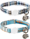 Lionet Paws 2pcs Pack Cotton Cat Collar,Breakaway Buckle with Blue Grid and Brand Pendant Cute Adjustable Cat Kitten Collar,Ideal for Girl Cats Boy Cats