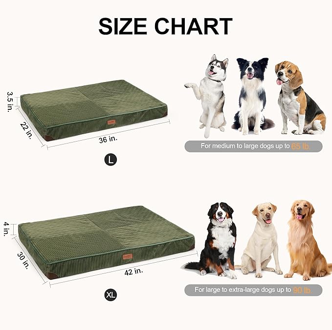 FUKUMARU Dog Bed, Thickened Corduroy Orthopedic Dog Beds with Washable Cover, Large Waterproof Dogs Bed for Crate, 28D Egg Crate Foam Support Pet Mat, Cozy Pet Bed Pad with Anti-Slip Bottom, Green