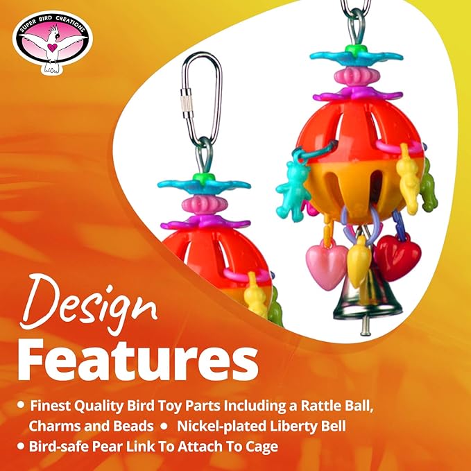 Super Bird Creations SB1086 Having a Ball Bird Toy for for Parrotlets, Parakeets, Cockatiels, Lovebirds, Ringnecks - Multi-Colored Rattle Ball, Cute Charms - Small/Medium Bird Size, 6" x 2" x 2"