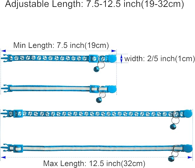 2 Pack Breakaway Cat Collars with Bells, Reflective Design and Claw Print Design, Safety Buckle, Adjustable 7.5-12.5 Inches for Kittens & Cats (Sky Blue)