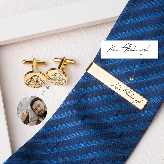 Anavia Pet Portrait & Handwriting Cufflinks Tie Clip Gift Box Set, Personalized Sketch Style Photo Engraving Men's Jewelry Accessories for Father Dad Brother Boyfriend Husband Wedding Birthday Gift