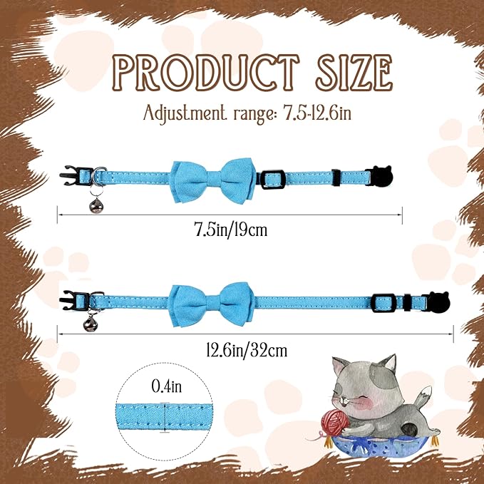 2 Pcs Boy Cat Collar with Bell Breakaway Cat Collars Cute Kitten Bow Tie Collar Adjustable Small Puppy Safety Collar Solid Color Plaid Pet Collar (Blue)
