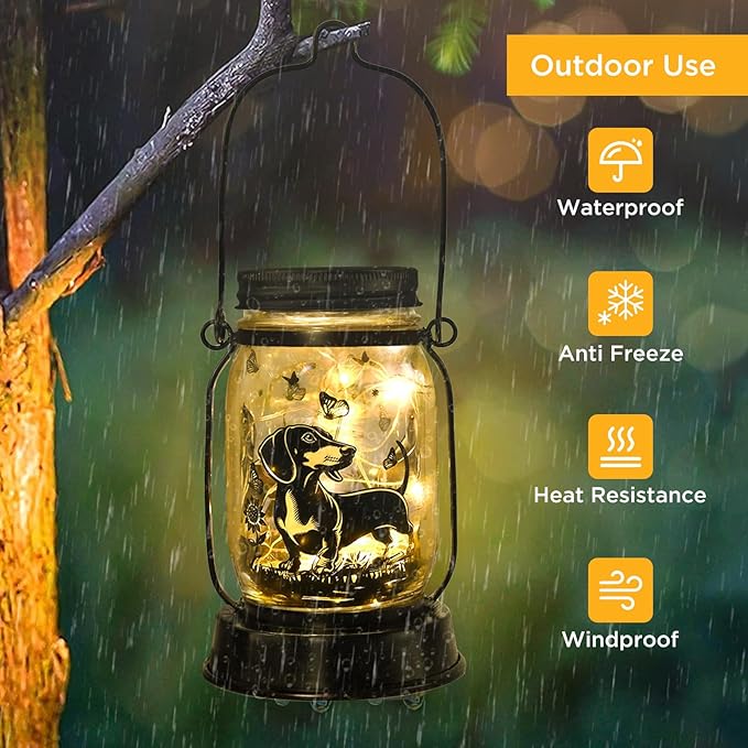 Dachshund Gifts for Women/Men Dachshund Solar Lanterns Mom Birthday Wiener Dog Lovers Lantern Pet Loss Sausage Dog Memorial Lights Solar Garden Decoration for Yard, Patio,Backyard,Porch Torches Lights