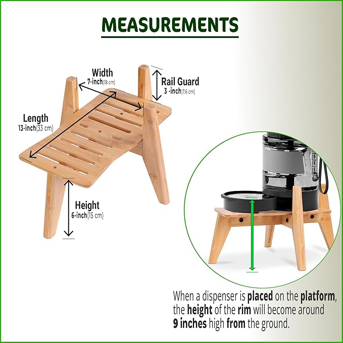 Dog Water Bowl Dispenser Stand - Elevate/Raise Automatic Dog Feeder, Food/Water Dispensers - Adjustable, Fits Various Shapes and Sizes - Natural Bamboo