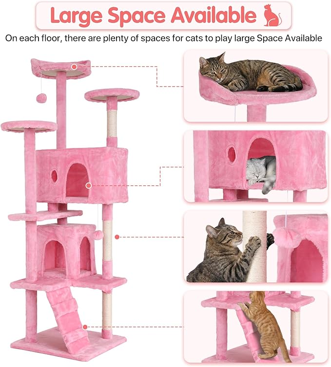 70in Cat Tree Cat Climbing Tower with Scratching Post, Cats House Perch Kitten Tree Condo Wood Playhouse, Pet Trees Tower for Indoor Cats, Pink
