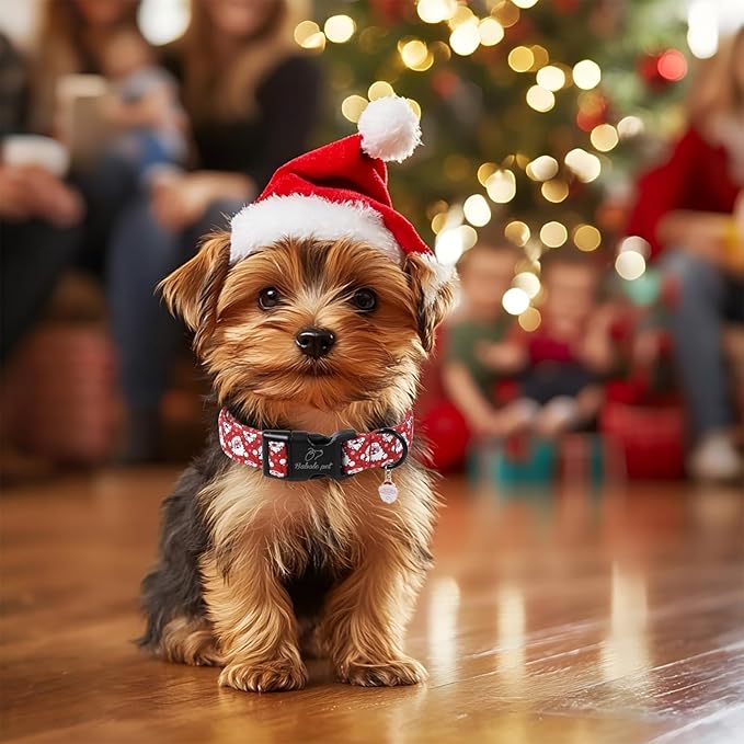 Christmas Dog Collar - Cute Red Santa Christmas Puppy Collar with Safety Buckle, Soft Adjustable Holiday Dog Collars for Small Medium Large Dogs XS