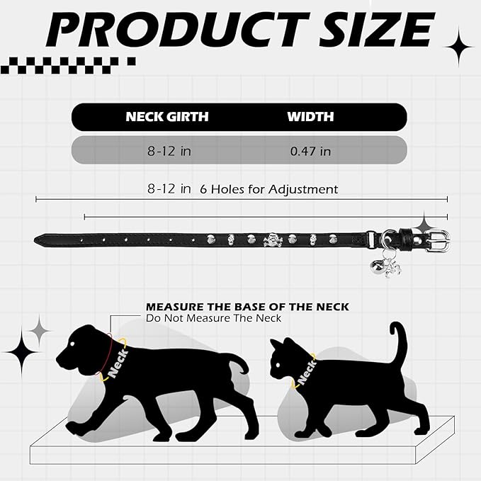 EXPAWLORER Cat Collar for Girl Boy Cats- Adjustable Leather Pet Collar with Safety Elastic Belt,Personalized Punk Accessories Buckle Collars with Bell & Durable D-Ring, Rivet (Black)