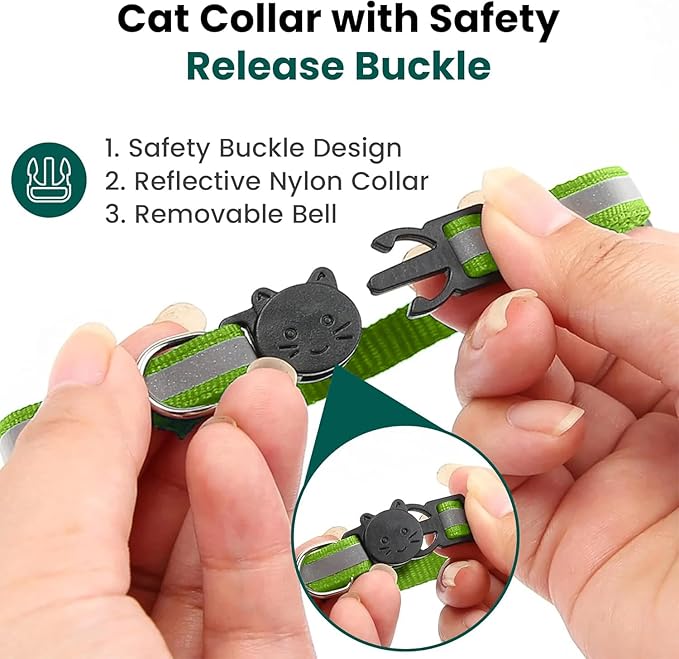 Cat Collar with AirTag Holders, 3-Pack, Reflective Breakaway Safety Collars, Bells and Matching Charms, Adjustable, Paw Hearts, Moon Stars Design, Lucky Charm, Red, Blue, Black (Green)