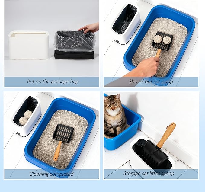 Cat Litter Scoop, Metal Litter Scoop, Heavy Duty Metal Cat Scooper for Litter Box, Black Sifter Scoop for Pellets, Wooden Handle Scoop with Hole, Kitty Necessity (5.5" Handle with Holder)