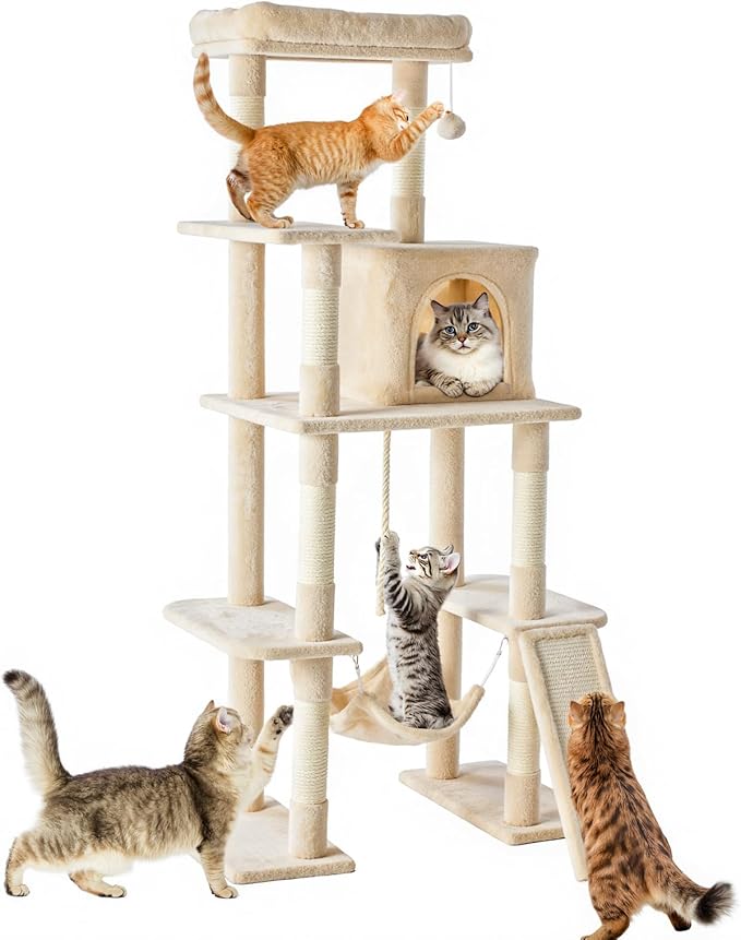 Large Cat Tree 63 Inch, Multi-Level Tall Cat Tree Tower with Condo, Perch, Sisal Scratching Posts Board and Hammock, Pet Play House with Dangling Balls for Indoor Cats, Beige