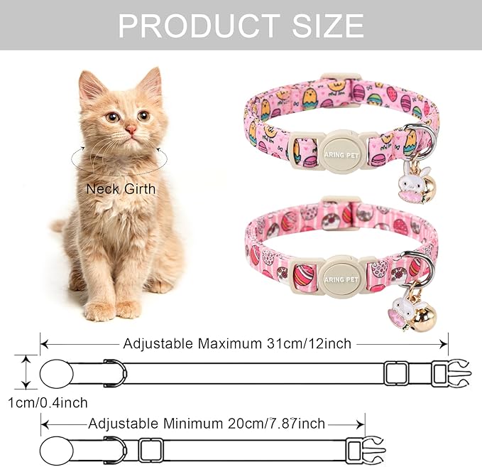 ARING PET 2 Pack Easter Cat Collars-Cute Easter Eggs Cat Collar Breakaway with Bell&Pendant, Adjustable Pink Chick Kitten Collars with Safety Buckle for Girl&Boy Cats