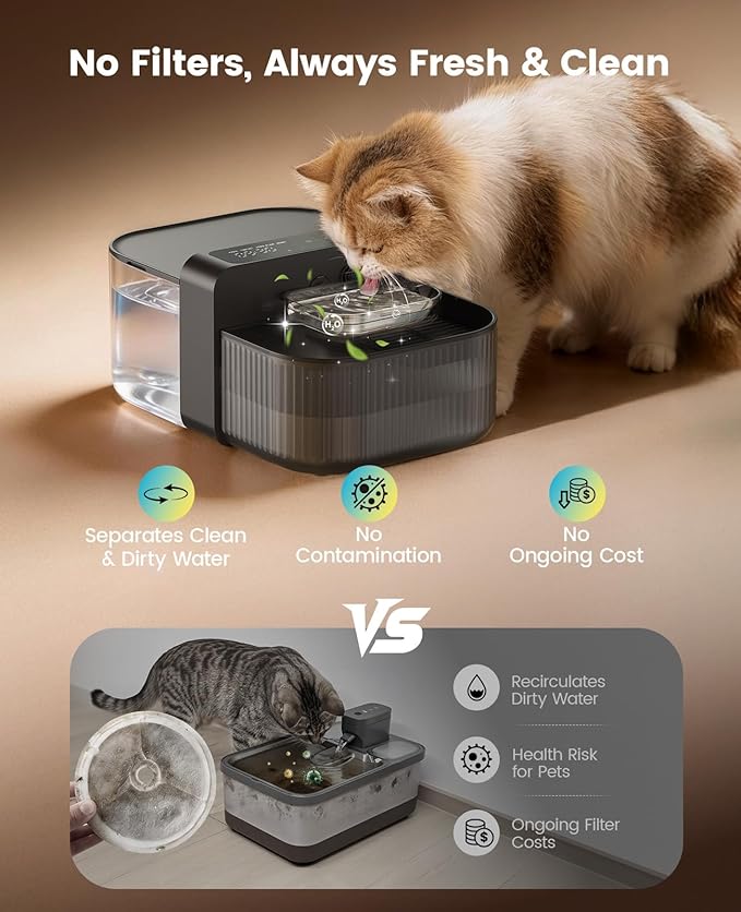 oneisall Wireless Filterless Cat Water Fountain, Separate Clean and Dirty Water Pet Fountain with Stainless Steel Bowl, 3.5L/118oz Quiet No Filter Smart Automatic Cat Water Dispenser Indoor, Black