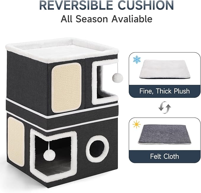 2-Storey Cat House for Indoor Cats, Separate Into 2 Large Cat Bed Cave with Hideaway Condos, Scratch Pads, Hanging Balls, Foldable Indoor Cat House, Cat Cube for Multiple Cats Kitten, Black
