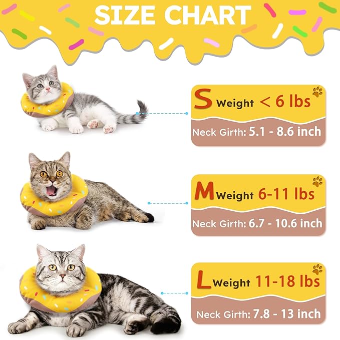 Cat Cone Collar Soft, Waterproof Cat Recovery Collars Spay Cones to Stop Licking Cute Donut E Collar After Surgery Anti-Lick Wound Healing Safety Elizabethan Collar for Kittens (Donut Yellow, Medium)