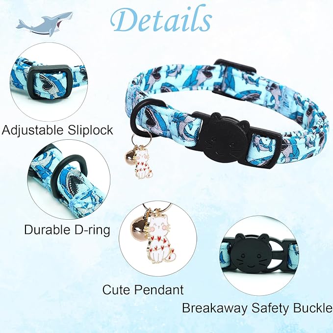 Cat Collar-2 Pack Collars Dinosaur & Shark Cat Collar Breakaway with Kitten and Bell Pendant Safety Buckle Pet Collar Cute Cotton Collar for Cats Gift and Small Pets