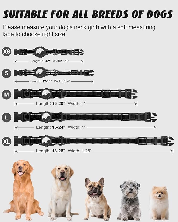 Joytale Airtag Dog Collar, Reflective Pet Collar with Waterproof AirTag Holder, Dual D-Rings, Soft Padded Adjustable for Extra Large Dogs, Black, XL