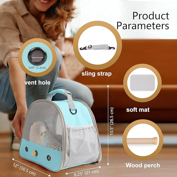 Bird Carrier, Portable Small Bird Parrot Parakeet Carrier with Standing Perch and Stainless Steel Tray, Side Access Window Collapsible