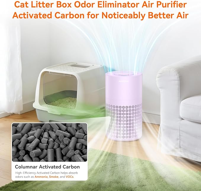 AIRROMI Air Purifier for Bedroom with HEPA 3-in-1 Filter, Pet Air Purifier for Home Cat Pee Smell, Covers Upto 990 Ft², Quiet 360°intake Air Cleaner for Pet Hair,Allergies,Pollen,Smoke A2001 Purple