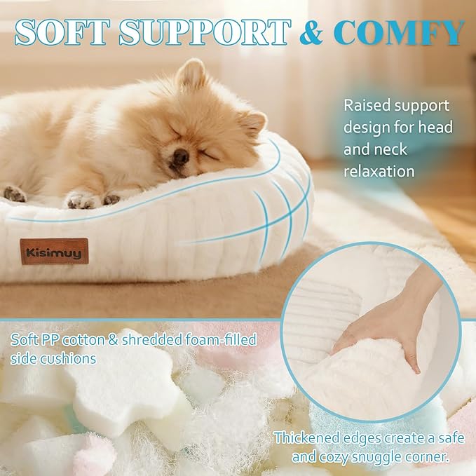 Dog Bed for Small & Medium Dogs – Calming Furry Puppy Bed with Washable Removable Cover, Anti-Slip Bottom & Orthopedic Support Foam, Rectangle Pet Cuddler for Indoor Cats/Dogs, 25"x21"x4", Cream