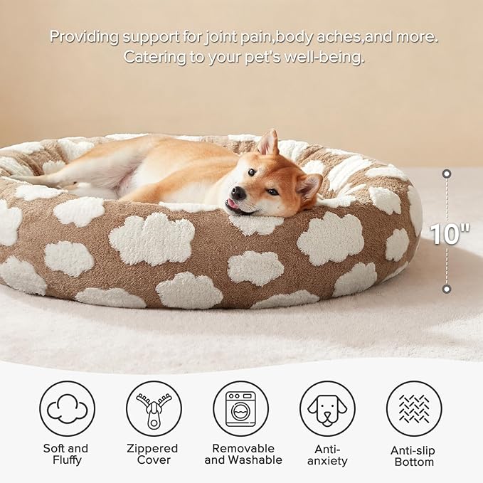 JOEJOY Donut Large Dog Bed, Cute Round Calming Dog Bed with Removable Washable Cover, Orthopedic Pet Beds with Jacquard Shaggy Plush & Non Skid Bottom, Black