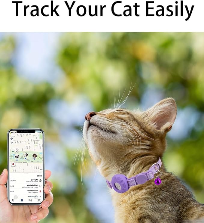 Airtag Cat Collar Breakaway, Safety Kitten Collar with Apple Airtag Holder,Cute GPS Cat Collar with Bell[Purple], Lightweigh Tracker Cat Collars for Girl Boy Cats, Kittens and Puppies
