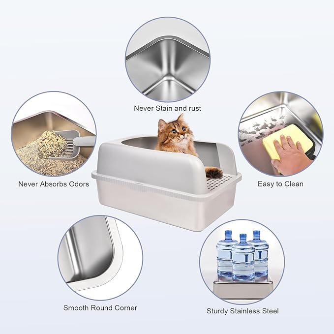 Henkelion Stainless Steel Cat Litter Box with Lid, 24" L x 16" W x 11.8" H, Extra Large Litter Box for Big Cats with High Sided, Anti-Urine Leakage, Easy Cleaning, Include Cat Mat and Scoop