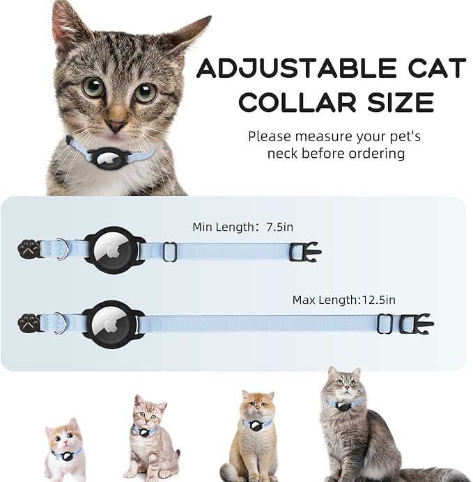 AirTag Cat Collars, Stretchy Collar with Apple AirTag Holder and Bell, Breakaway Ultra Design Elastic GPS Tracking Collars for Cats and Puppies, (7.5-12.5 Inch), Blue