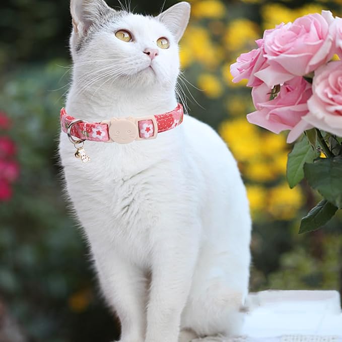 Elegant little tail 2 Pack Cat Collar-Pink Print Cotton Breakaway Cat Collars with Bell Pendant Kitten Boy Girl Safety Adjustable Collar for Small Cats Puppy