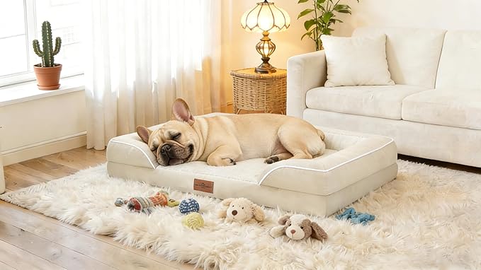 Comfort Expression Orthopedic Dog Bed for Small Dogs 20x14 Inch, Waterproof Supportive Egg Crate Foam Small Pet Bed with Removable Bolsters, Dog Couch with Washable Cover & Non-Slip Bottom, Beige