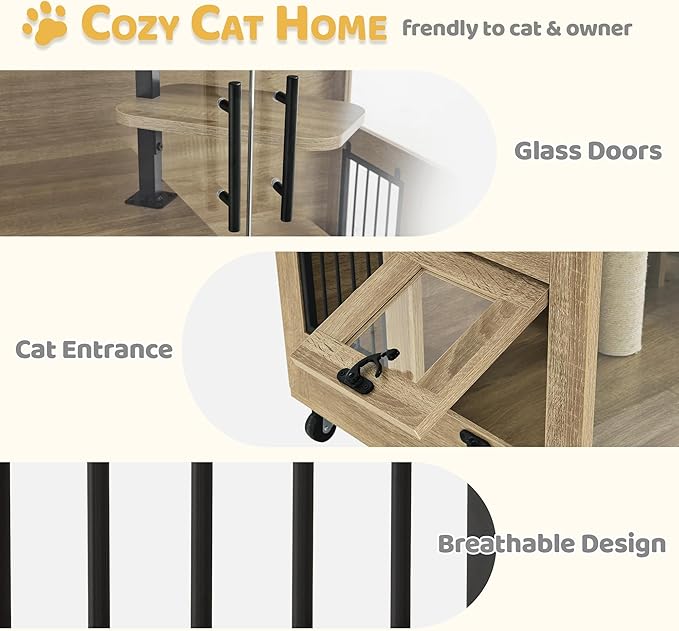 Lovupet Wooden Cat House with Scratching Posts, Luxury Large Cat Condo with Lockable Wheels, Indoor Kitten Cage with Escape Door, GC11