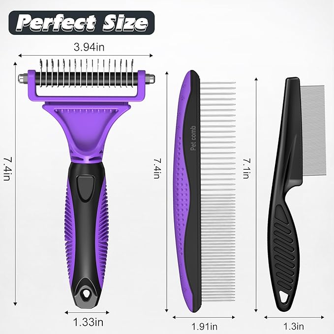 3PCS Pet Grooming Rake & Metal Comb & Flea Comb for Cats and Dogs, Double-Sided Dematting Tool, Extra-Wide Deshedding Dog Brush for Long Hair to Effectively Remove Tangles, Knots and Mats (Purple)