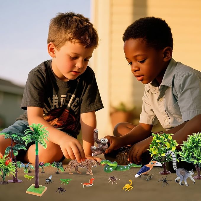 26Pcs Rainforest Animal Figures, Realistic Jungle Animals Toys with Snake Sloth Leopard Monkey Bird Insects Trees for Kids Educational Birthday Diorama Decoration Party Favor School Projects