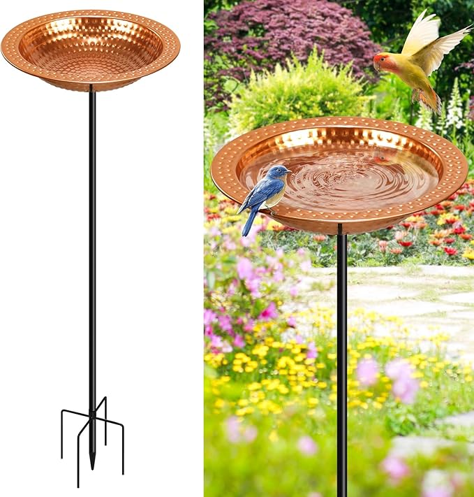 Metal Bird Bath Stand for Outdoors Garden, Bird Baths Birdbaths Bowl with Stake, Hand-Hammered Standing Birdbath, 5-Prong Base (Standing Bird Bath)