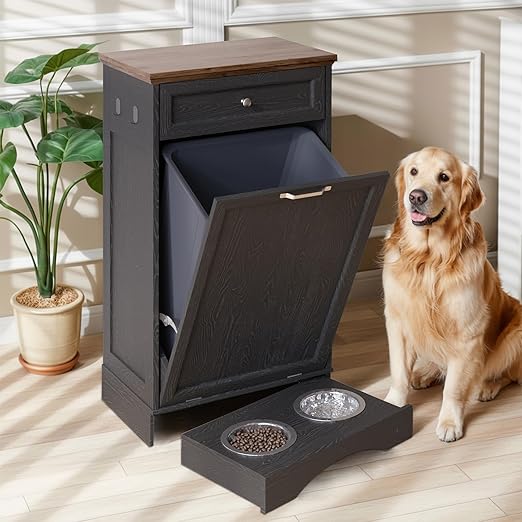 Tilt Out Trash Can Cabinet with Dog Bowl, 13 Gallons Dog Feeding Station with Storage, Dog Food Cabinet with Hideaway Drawer for Kitchen, Living Room,Laundry Room