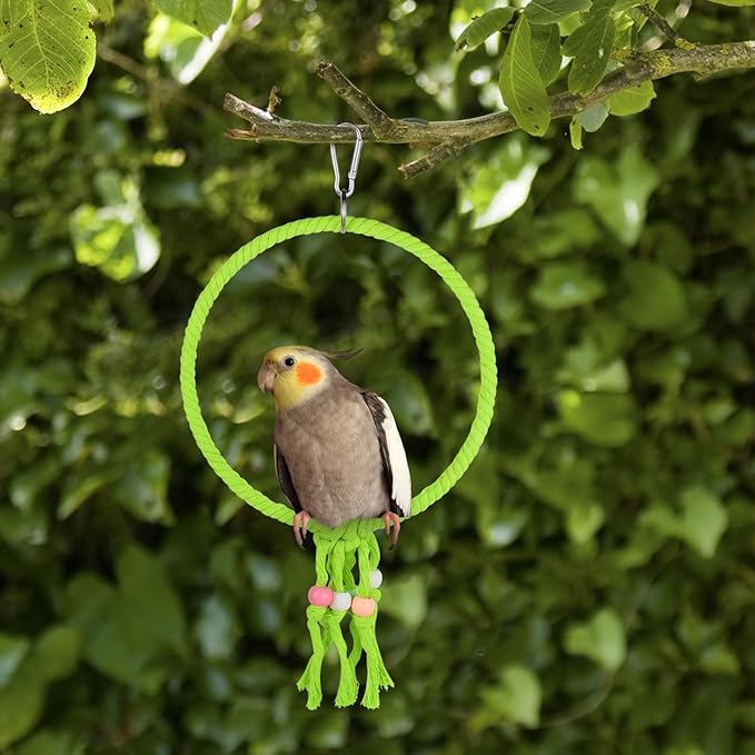 Bird Swing, 20 CM Diameter Hanging Parrot Swing with Colourful Beads, Swing Parrot Toys Cotton Rope Ring Bird Cage Toys for Budgie, Cockatiel, Canary, Parakeet, Finch (Pink)